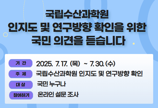 국립수산과학원 인지도 및 연구방향 확인을 위한 국민 의견을 듣습니다.