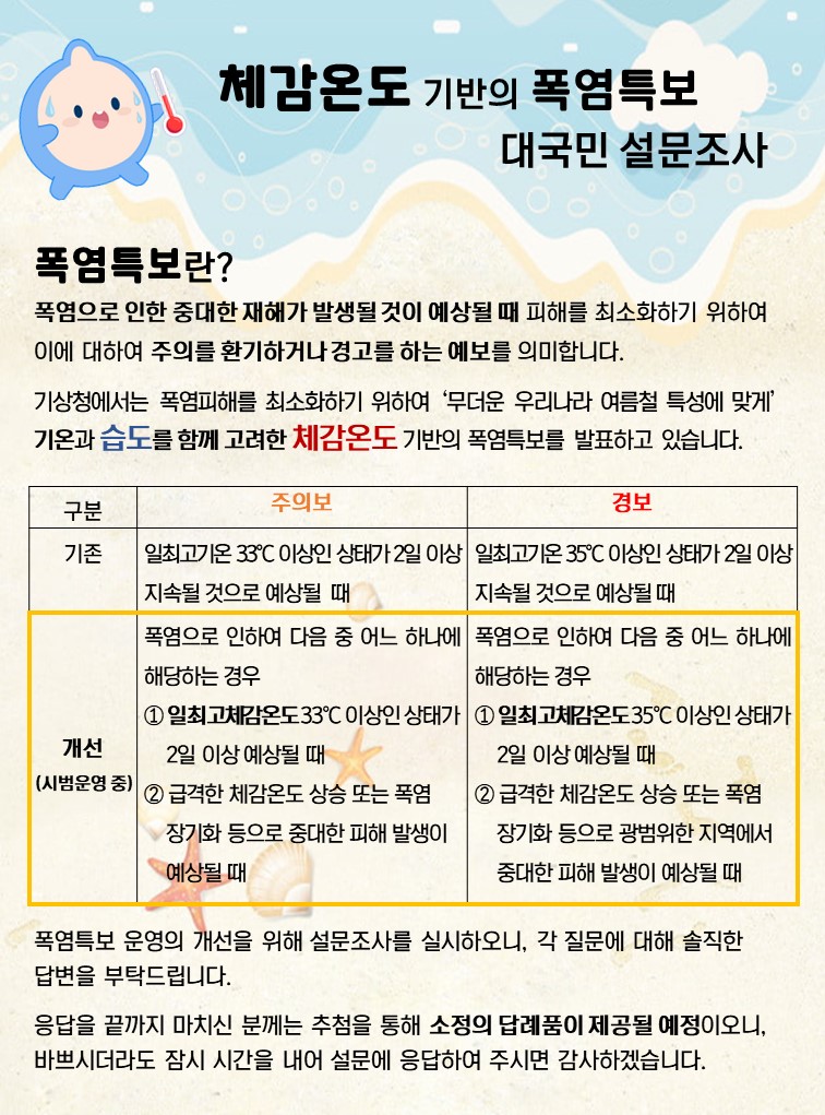 안녕하십니까. 기상청에서는 폭염피해를 최소화하기 위하여 ‘무더운 우리나라 여름철 특성에 맞게’ 기온과 습도를 함께 고려한 “체감온도 기반의 폭염특보”를 발표하고 있습니다. 폭염특보 운영의 개선을 위해 설문조사를 실시하오니, 각 질문에 대해 솔직한 답변을 부탁드립니다.  응답을 끝까지 마치신 분께는 추첨을 통해 소정의 답례품이 제공될 예정이오니, 바쁘시더라도 잠시 시간을 내어 설문에 응답하여 주시면 감사하겠습니다.