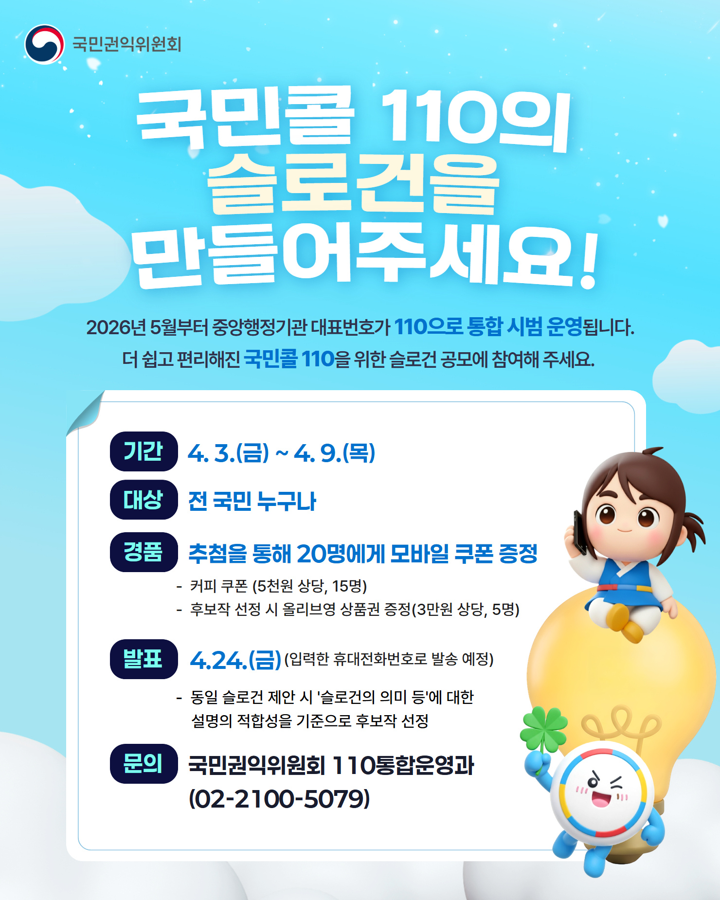 국민콜 110의 새로운 슬로건을 모집합니다. 많은 관심과 참여를 부탁드립니다.  o 이벤트 대상 : 전 국민 누구나 o 이벤트 기간 : 4.3.(금) ~ 4.9.(목) o 이벤트 경품  - 추첨을 통해 커피 쿠폰 증정(5천원 상당, 15명)  - 후보작 선정 시 올리브영 상품권 증정(3만원 상당, 5명) o 경품 발표 및 전달 : 4.24.(금) (입력한 휴대전화번호로 발송 예정)