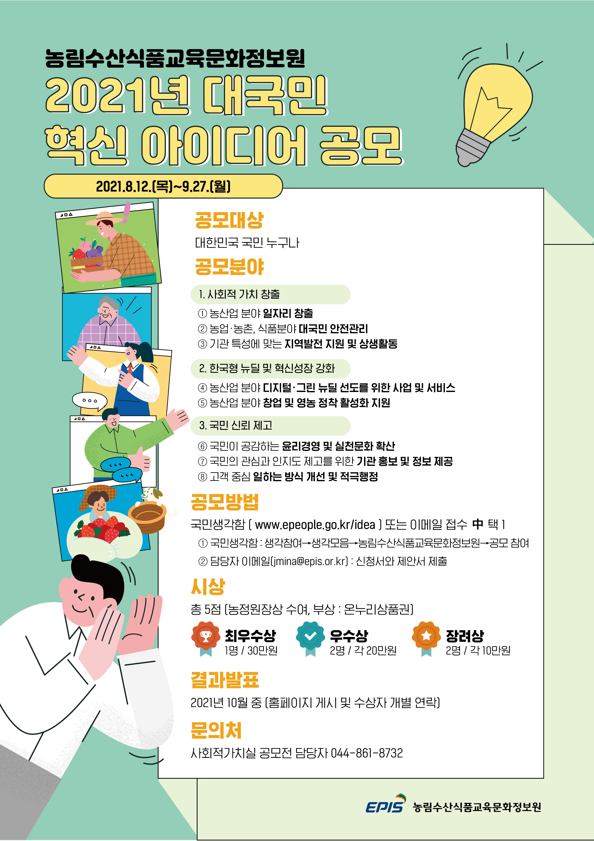 농림수산식품교육문화정보원 2021년 대국민 혁신 아이디어 공모를 21년 8월 12일 목요일부터 9월 27일 월요일까지 진행합니다. 대한민국 국민 누구나 참여할 수 있으며, 공모분야는 일자리 창출, 대국민 안전관리, 지역발전 지원 및 상생활동, 디지털 그린 뉴딜 선도를 위한 사업 및 서비스, 농산업 창업 및 영농 정착 활성화 지원, 윤리경영 및 실천문화 확산, 기관 홍보 및 정보 제공, 일하는 방식 개선 및 적극행정 총 8개 분야입니다. 공모방법은 국민 생각함 또는 담당자 이메일로 접수하면 됩니다. 기타 문의사항은 044-861-8732로 연락주시기 바랍니다.