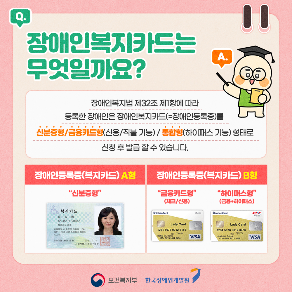 장애인복지카드는 무엇일까요? 장애인복지법 제 32조 제1항에 따라 등록한 장애인은 장애인복지카드(=장애인등록증)를 신분증형/금융카드형(신용/직불기능) / 통합형(하이패스기능) 형태로 신청 후 발급할 수 있습니다.