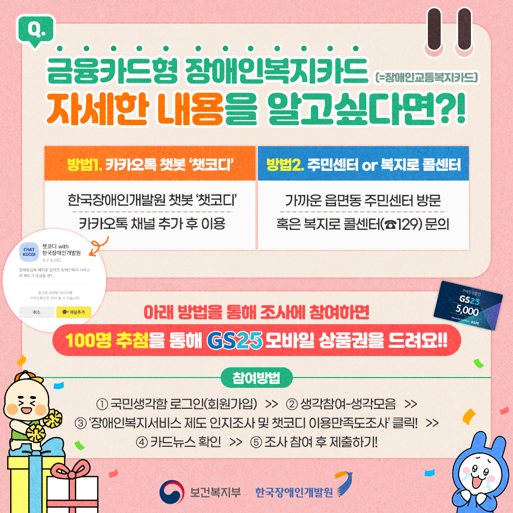 금융카드형 장애인복지카드 자세한 내용을 알고싶다면? 방법1. 한국장애인개발원 챗봇 '챗코디'카카오톡 채널 추가 후 이용, 방법2. 가까운 읍면동 주민센터 방문 혹은 복지로 콜센터 129 문의, 아래방법을 통해 조사에 참여하면 100명 추첨을 통해 GS25 모바일 상품권을 드려요! / 참여방법: 국민생각함 로그인(회원가입) > 생각참여-생각모음 클릭 > 장애인복지서비스제도 및 챗코디 이용만족도조사 클릭 > 카드뉴스 확인 > 조사 참여 후 제출하기