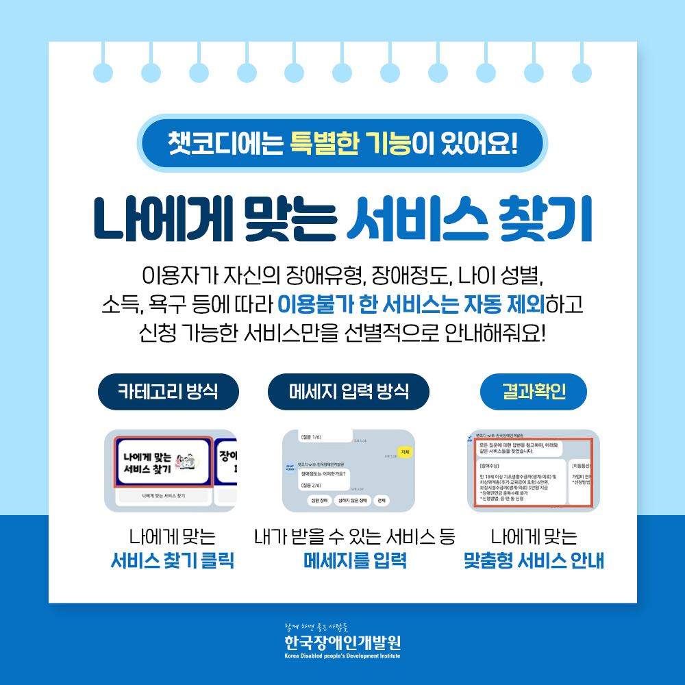 챗코디는 이용자가 자신의 장애유형, 장애정도 ,나이, 성별, 소득, 욕구등에 따라 이용불가한 서비스는 자동제외하고 신청 가능한 서비스만을 선별적으로 안내해줘요!