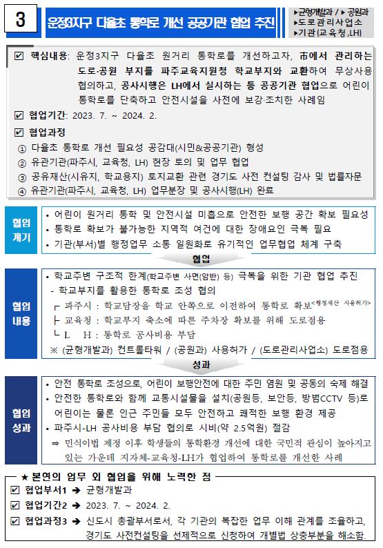 운정3지구 다율초 통학로 개선 공공기관 협업 추진