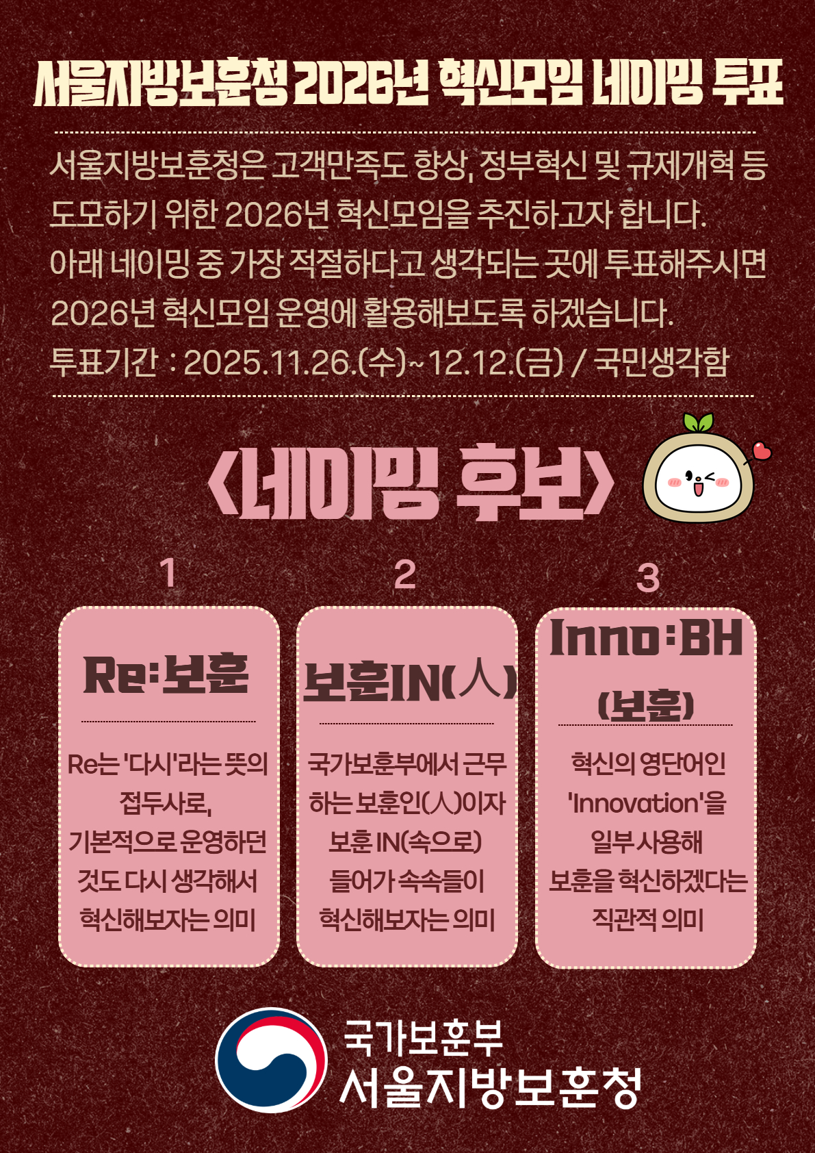 서울지방보훈청은 고객만족도향상, 정부혁신 및 규제개혁 등 혁신모임을 2026년에 추진할 예정입니다. 후보 중 어울리는 네이밍에 투표해주세요!