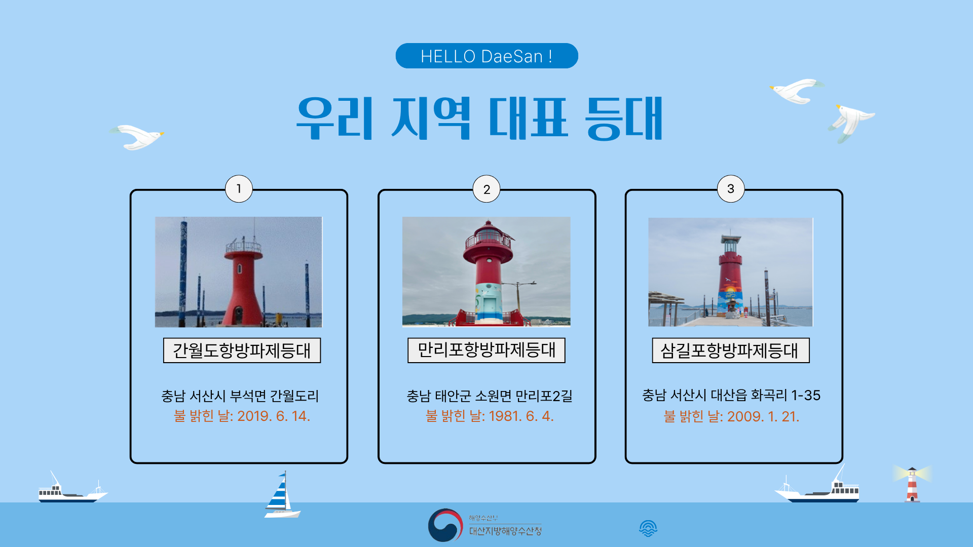 우리 지역 대표 등대입니다. 선호하는 등대를 선택해 주세요 후보1 간월도항방파제등대, 후보2 만리포항방파제등대, 후보3 삼길포항방파제등대