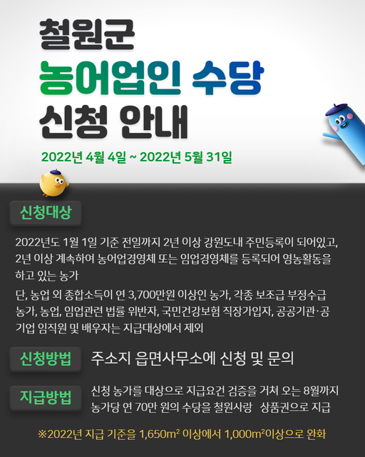 철원군 농업인 수당 신청 안내
