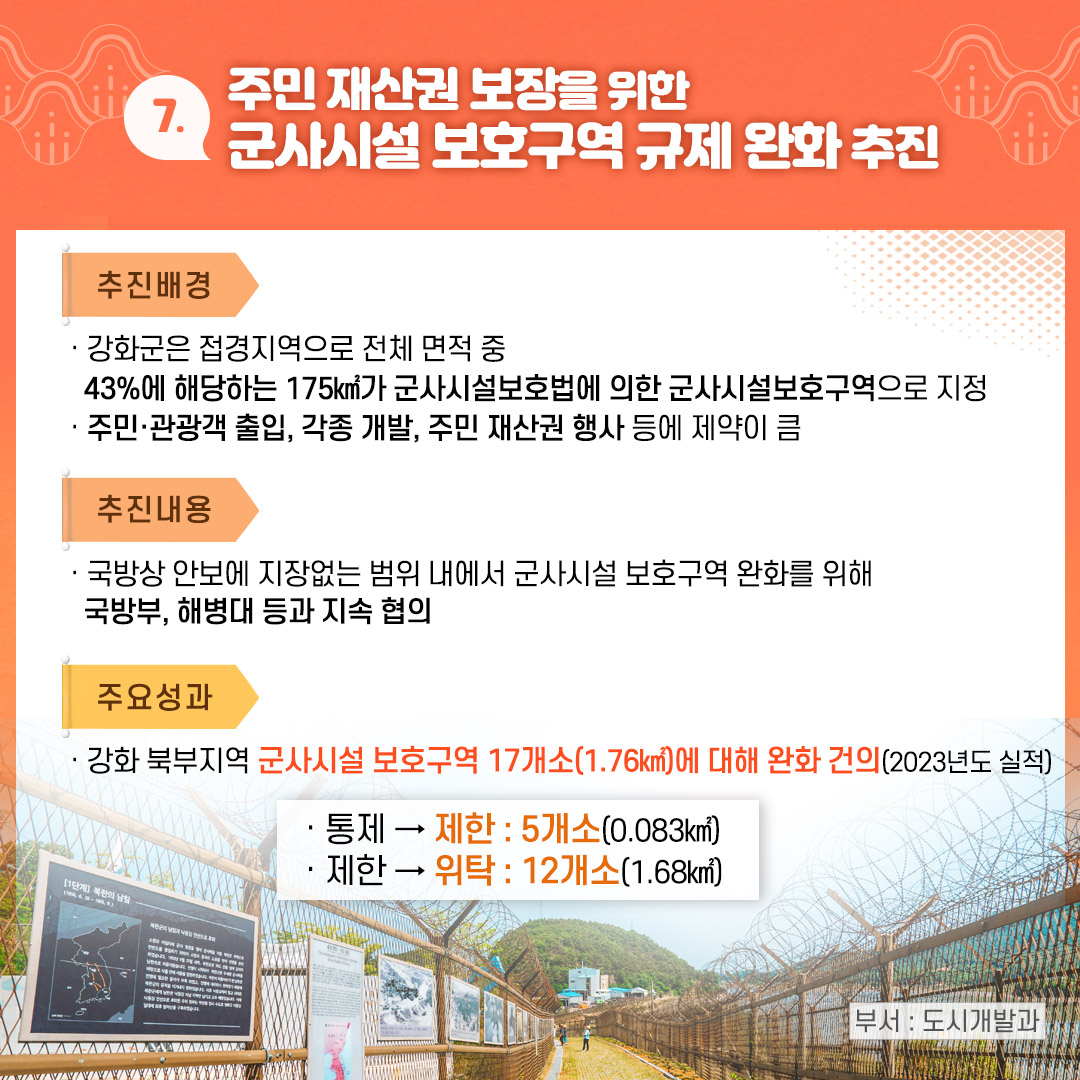 7. 주민 재산권 보장을 위한 군사시설 보호구역 규제 완화 추진