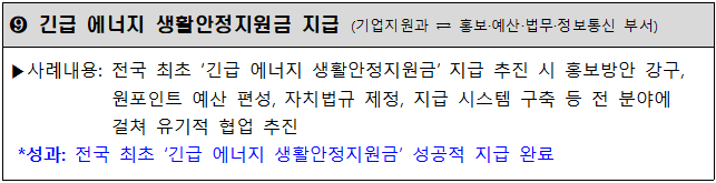 긴급 에너지 생활안정지원금 지급 (기업지원과 ⇄ 홍보·예산·법무·정보통신 부서)