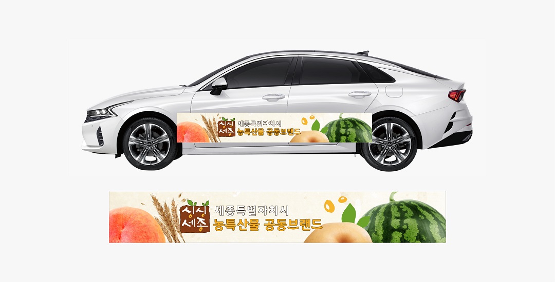 세종시의 농특산물로 배, 복숭아. 수박, 쌀을 시인성있게 확대 표현하여 좀 더 싱싱한 특산물의 이미지를 표현