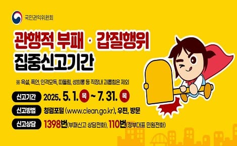 관행적 부패 및 갑질행위에 대한 행동강령 위반행위 집중신고기간 운영 안내