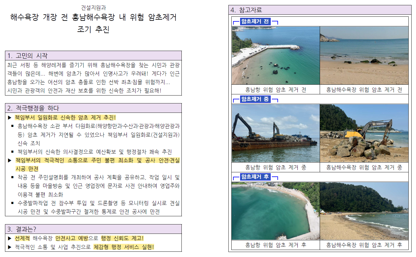 해수욕장 개장 전 흥남해수욕장 내 위험 암초제거 조기 추진