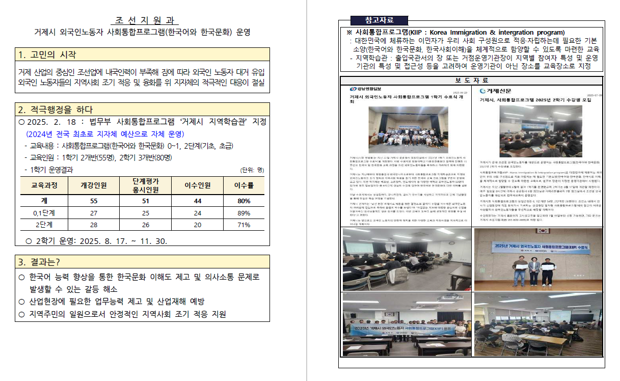 거제시 외국인노동자 사회통합프로그램(한국어와 한국문화) 운영