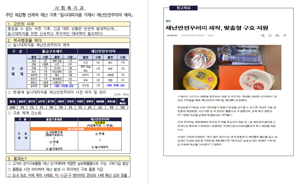 주민 체감형 선제적 재난 구호 「일시대피자용 거제시 재난안전꾸러미 제작」