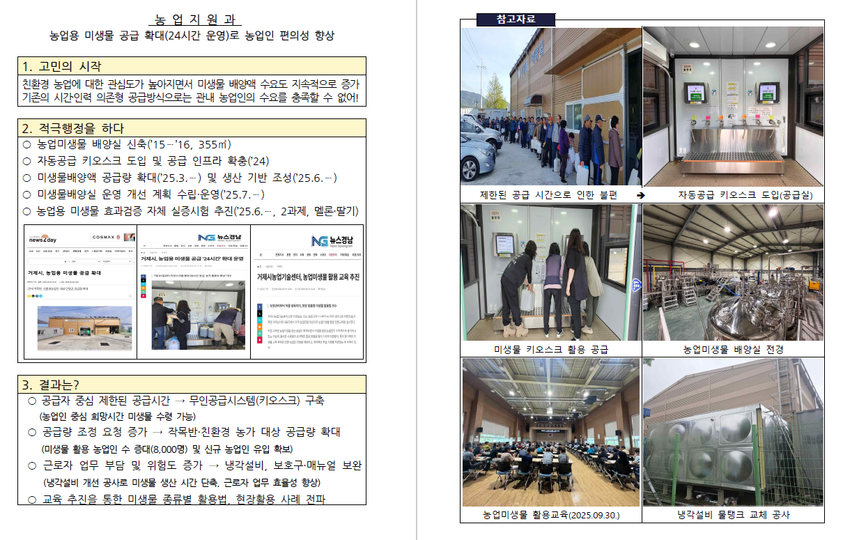 농업용 미생물 공급 확대(24시간 운영)로 농업인 편의성 향상!